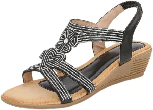 Womens Sandal Bohemia Glitter Love Pattern Flats Open Toe Ankle Strap Beach Sandal Comfortable Summer Dress Shoes