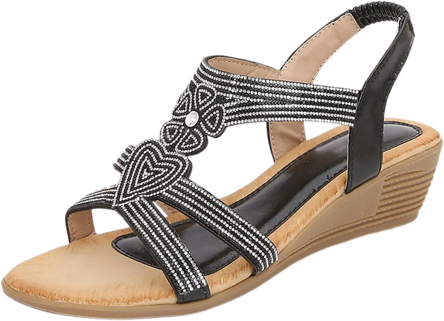 Womens Sandal Bohemia Glitter Love Pattern Flats Open Toe Ankle Strap Beach Sandal Comfortable Summer Dress Shoes