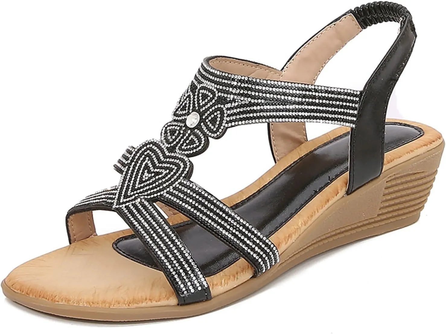 Womens Sandal Bohemia Glitter Love Pattern Flats Open Toe Ankle Strap Beach Sandal Comfortable Summer Dress Shoes