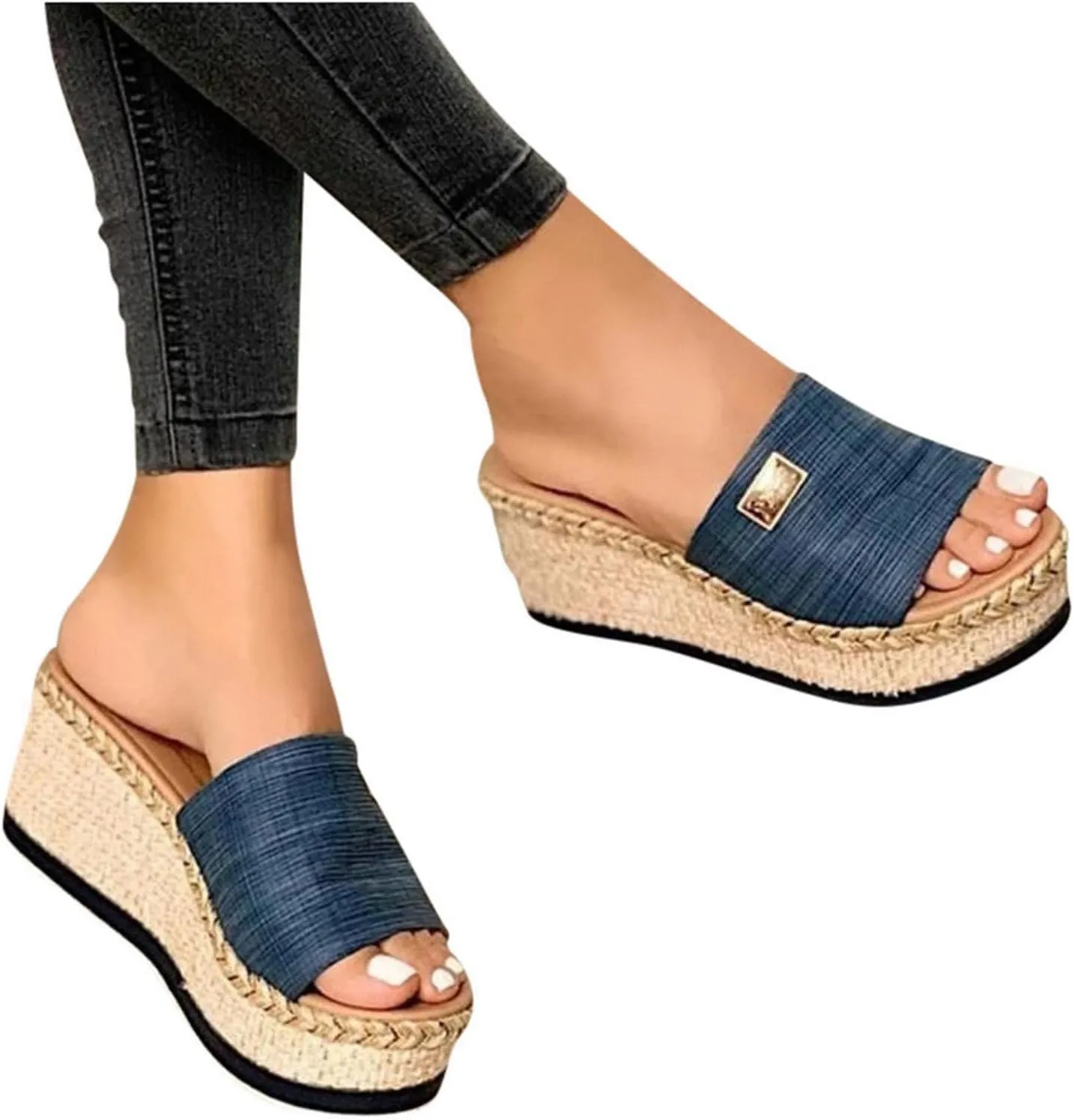 Womens Sandals 2023 Summer Fashion Casual Slip on Wedge Platform Slides Sandal Solid Open Toe Metal Decorate Slippers Comfy Outdoor Anti-Slip Shoes
