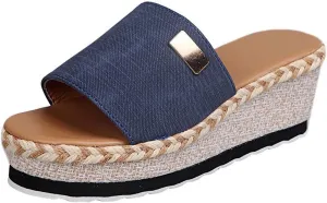Womens Sandals 2023 Summer Fashion Casual Slip on Wedge Platform Slides Sandal Solid Open Toe Metal Decorate Slippers Comfy Outdoor Anti-Slip Shoes