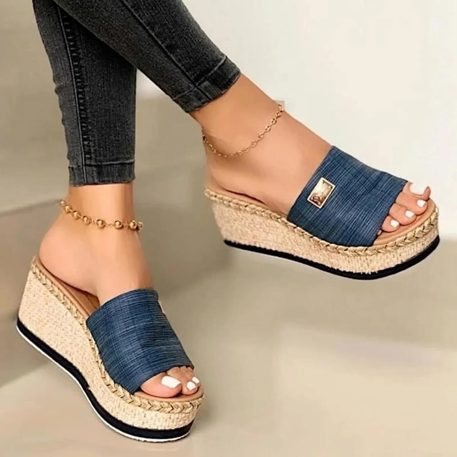 Womens Sandals 2023 Summer Fashion Casual Slip on Wedge Platform Slides Sandal Solid Open Toe Metal Decorate Slippers Comfy Outdoor Anti-Slip Shoes