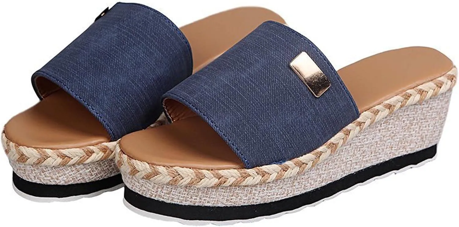 Womens Sandals 2023 Summer Fashion Casual Slip on Wedge Platform Slides Sandal Solid Open Toe Metal Decorate Slippers Comfy Outdoor Anti-Slip Shoes
