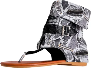 Women's Sandals Denim Bohemian Roman Sandals Clip Toe T-Strap Back Zip Sandals Casual High Top Walking Shoes
