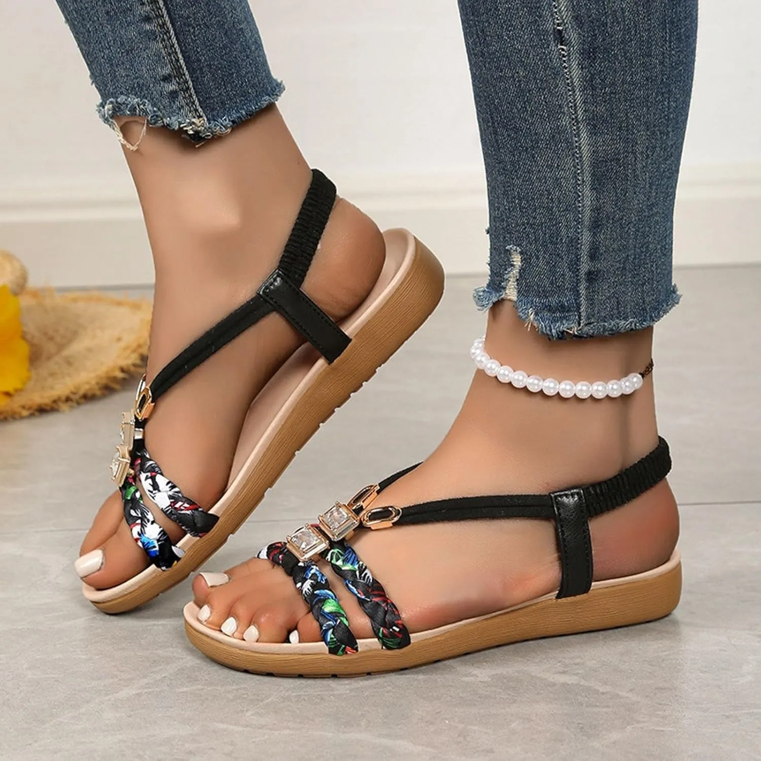 Womens Sandals Summer Dressy Ankle Strap Slip On Open Toe Flats Comfortable Beach Floral Braided Flat Sandals Thong Walking Shoes
