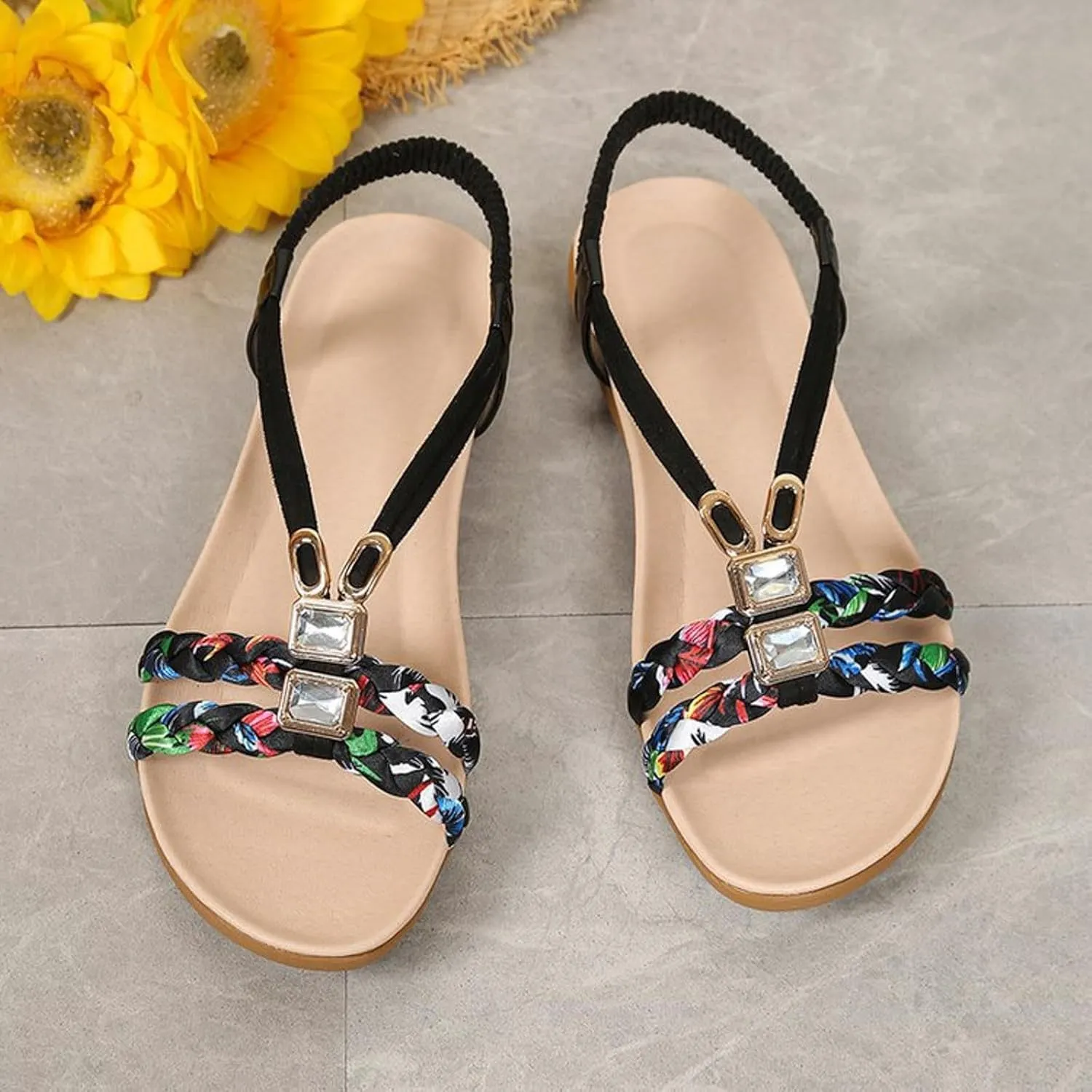 Womens Sandals Summer Dressy Ankle Strap Slip On Open Toe Flats Comfortable Beach Floral Braided Flat Sandals Thong Walking Shoes