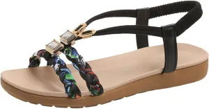 Womens Sandals Summer Dressy Ankle Strap Slip On Open Toe Flats Comfortable Beach Floral Braided Flat Sandals Thong Walking Shoes