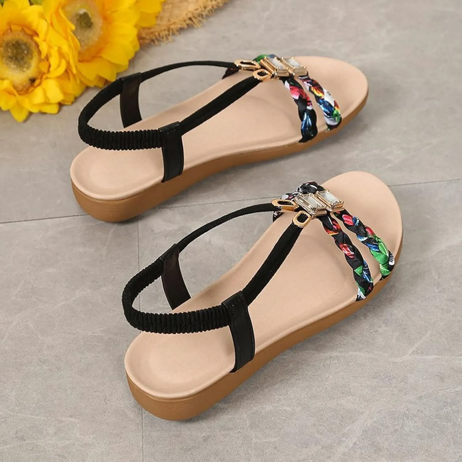 Womens Sandals Summer Dressy Ankle Strap Slip On Open Toe Flats Comfortable Beach Floral Braided Flat Sandals Thong Walking Shoes