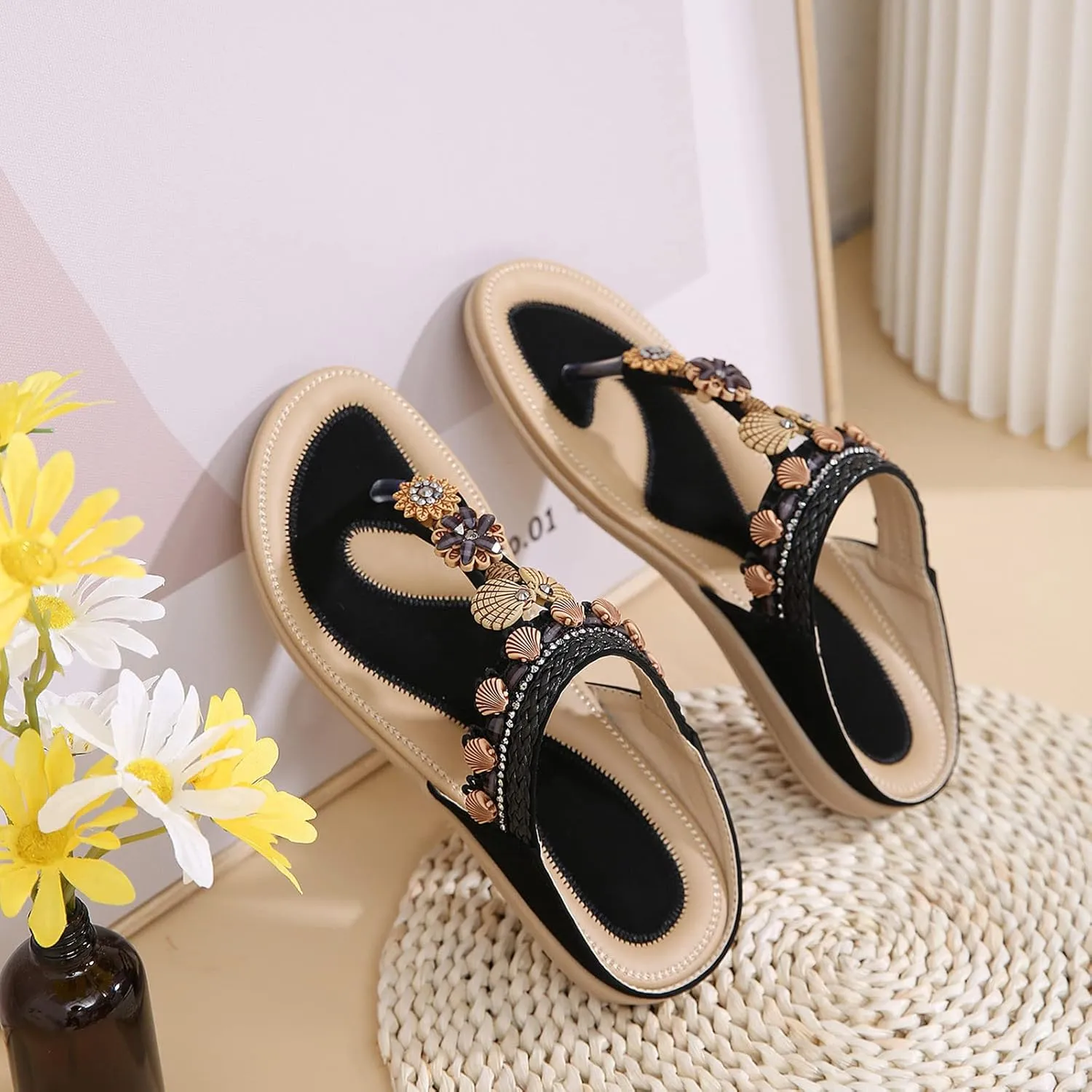 Womens Sandals Womens Sandals Shoes Walking Sandal Non Slip Casual Summer Beach Shoes Dress Women's Fashion Flip Flop Bohemia Flowers Wedge Sandal With Arch Support Clip Toe Comfort Slip On Slingback Slides