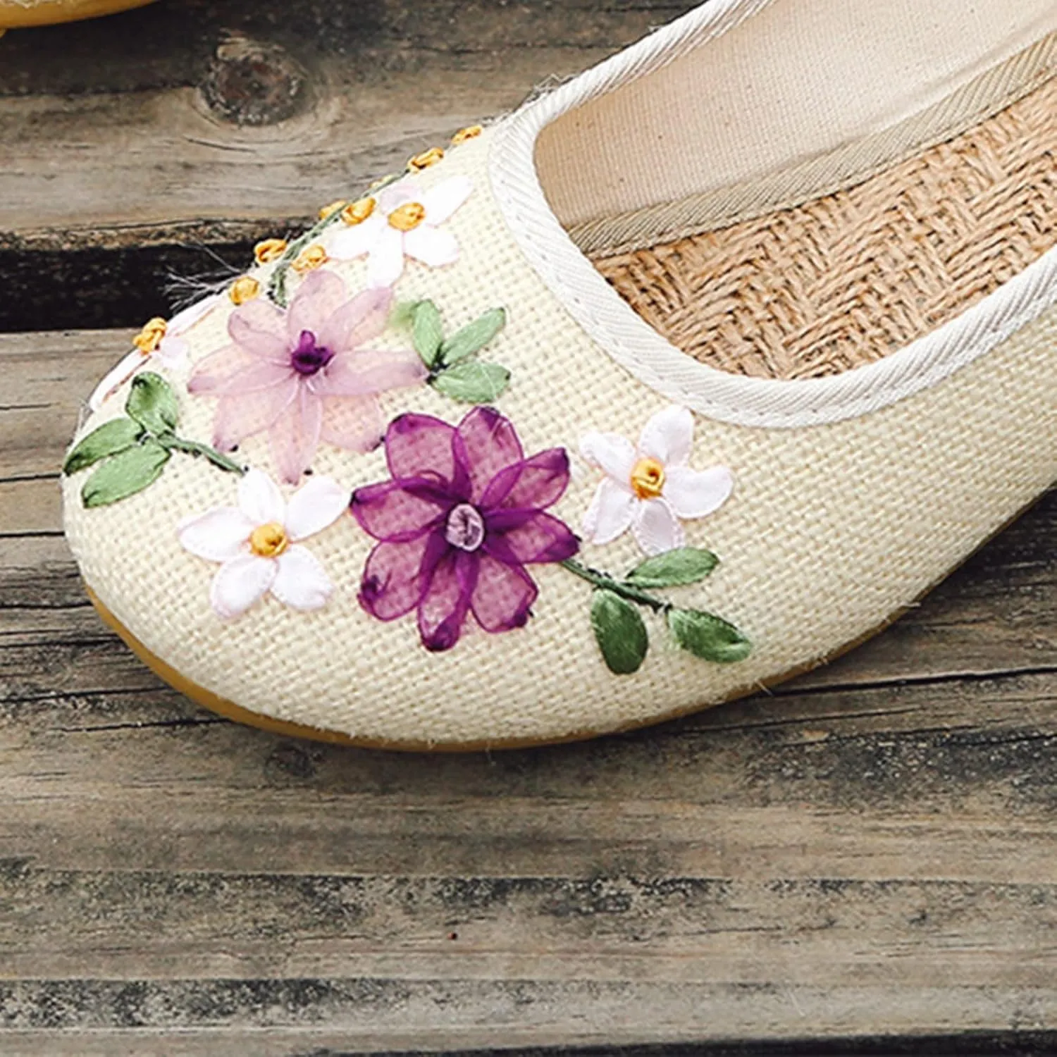 Women’s Shoes Loafers Cloth Shoes Women's Single Ribbon Linen Breathable Embroidery Single Flat Heels Linen Embroidered Mother