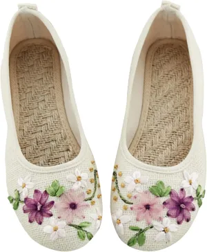 Women’s Shoes Loafers Cloth Shoes Women's Single Ribbon Linen Breathable Embroidery Single Flat Heels Linen Embroidered Mother