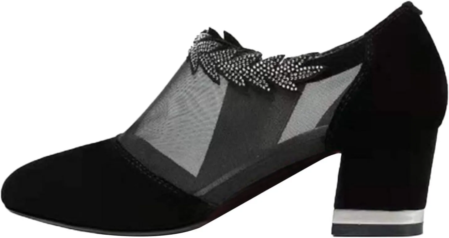 Womens Side Zipper Heeled Sandals Summer Casual Lace Mesh Close Toe Chunky Thick Heel High Heels Shoes Sexy Rhinestone Floral Comfy Elegant Shoes