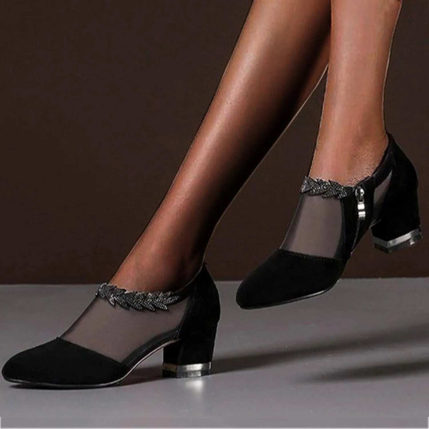 Womens Side Zipper Heeled Sandals Summer Casual Lace Mesh Close Toe Chunky Thick Heel High Heels Shoes Sexy Rhinestone Floral Comfy Elegant Shoes