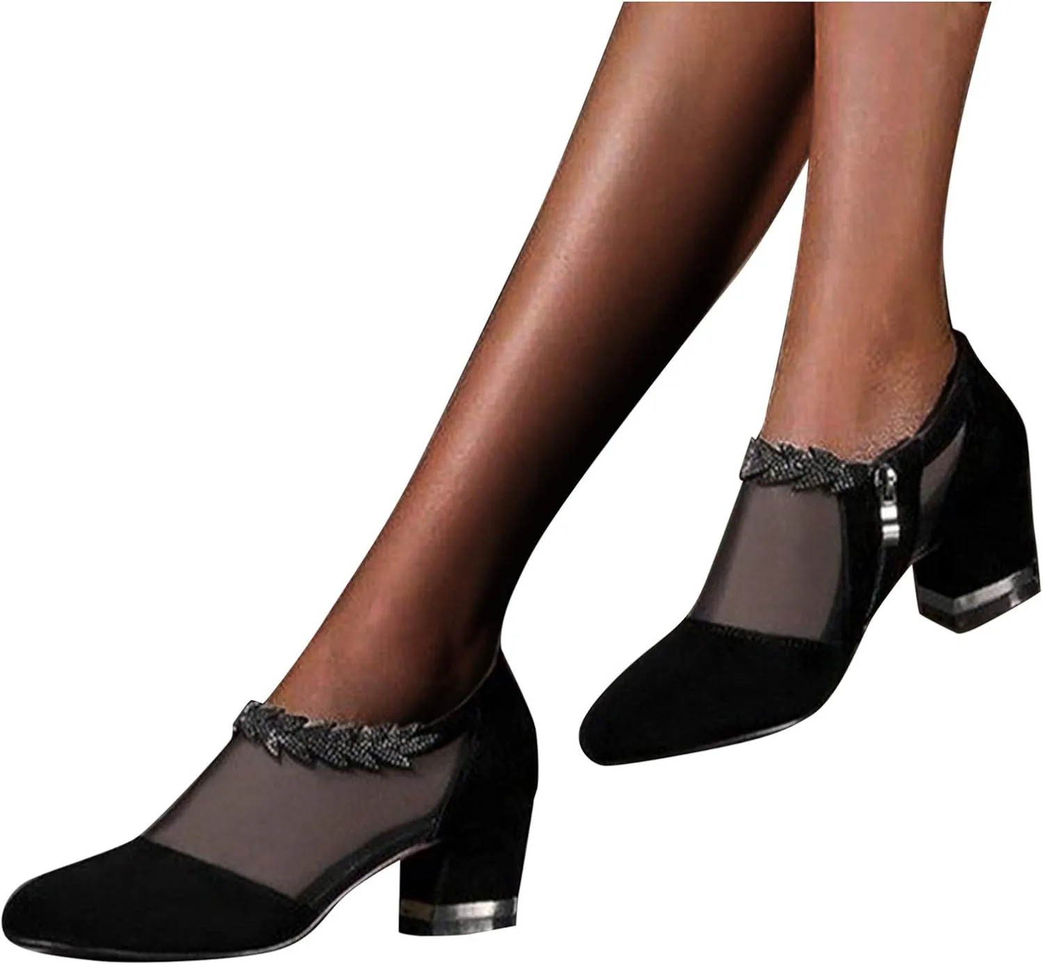 Womens Side Zipper Heeled Sandals Summer Casual Lace Mesh Close Toe Chunky Thick Heel High Heels Shoes Sexy Rhinestone Floral Comfy Elegant Shoes