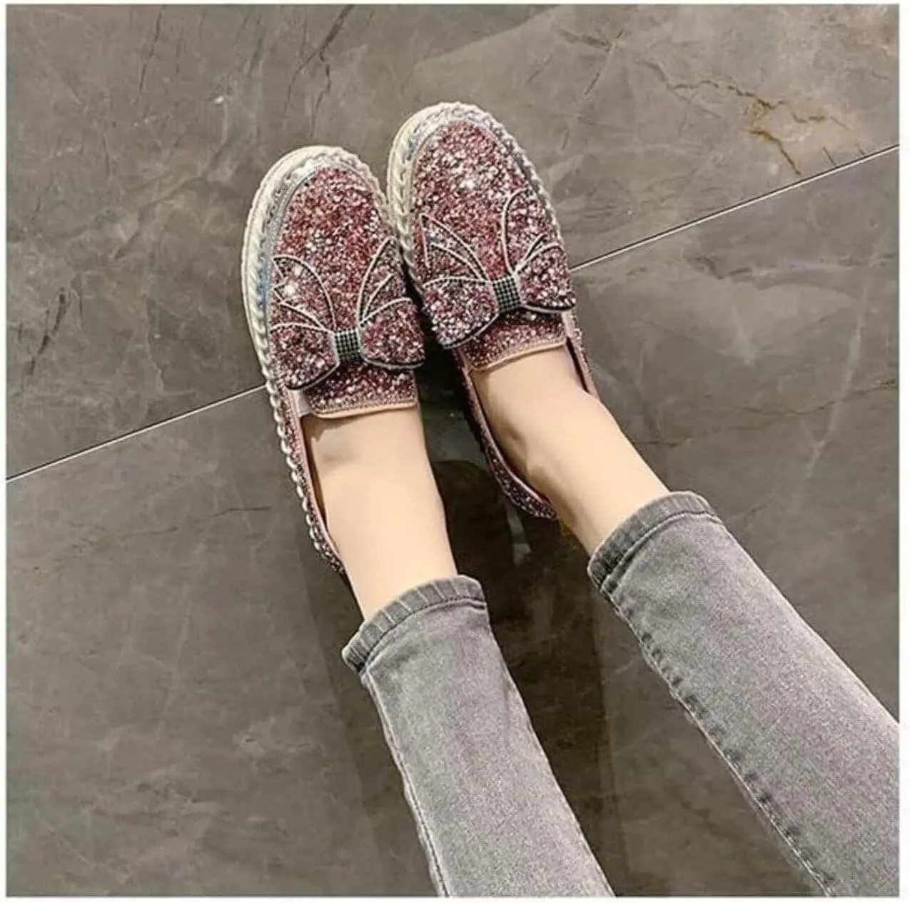Women's Sneakers Rhinestones Glitter Platform Slip On Casual Cute Bowknot Shiny Walking Shoes Comfortable Dress Flat Loafers