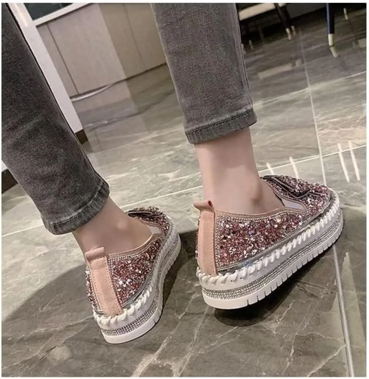 Women's Sneakers Rhinestones Glitter Platform Slip On Casual Cute Bowknot Shiny Walking Shoes Comfortable Dress Flat Loafers