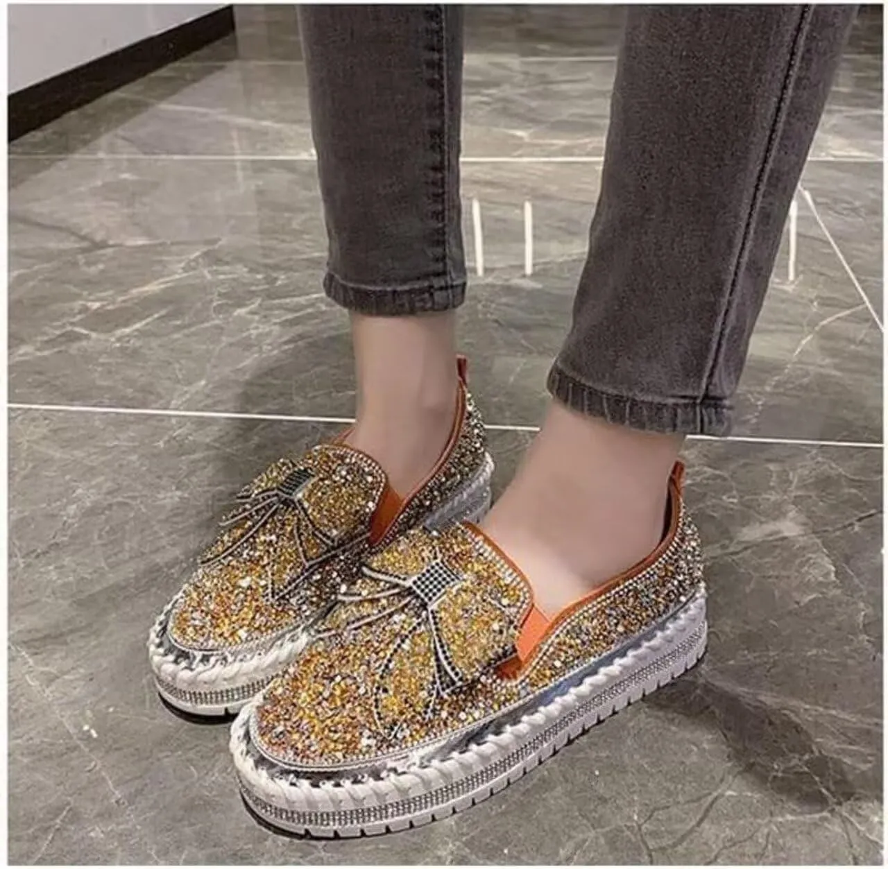 Women's Sneakers Rhinestones Glitter Platform Slip On Casual Cute Bowknot Shiny Walking Shoes Comfortable Dress Flat Loafers