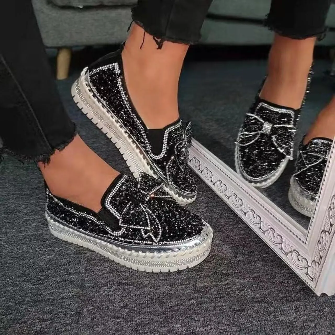 Women's Sneakers Rhinestones Glitter Platform Slip On Casual Cute Bowknot Shiny Walking Shoes Comfortable Dress Flat Loafers