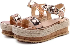 Women's Thick-Soled Sandals, Hand-Woven Hemp Rope Platform Female Belt Buckle Flat Rivet Beach Shoes