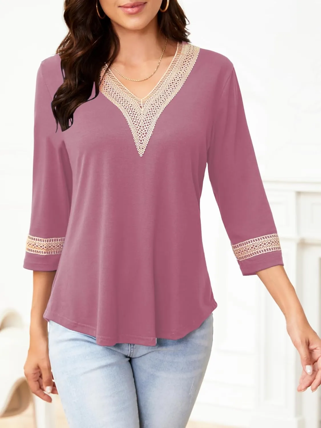 Womens Tops 3/4 Sleeve Shirts Casual Lace V Neck Blouses Loose Fit Dressy Basic T-Shirt