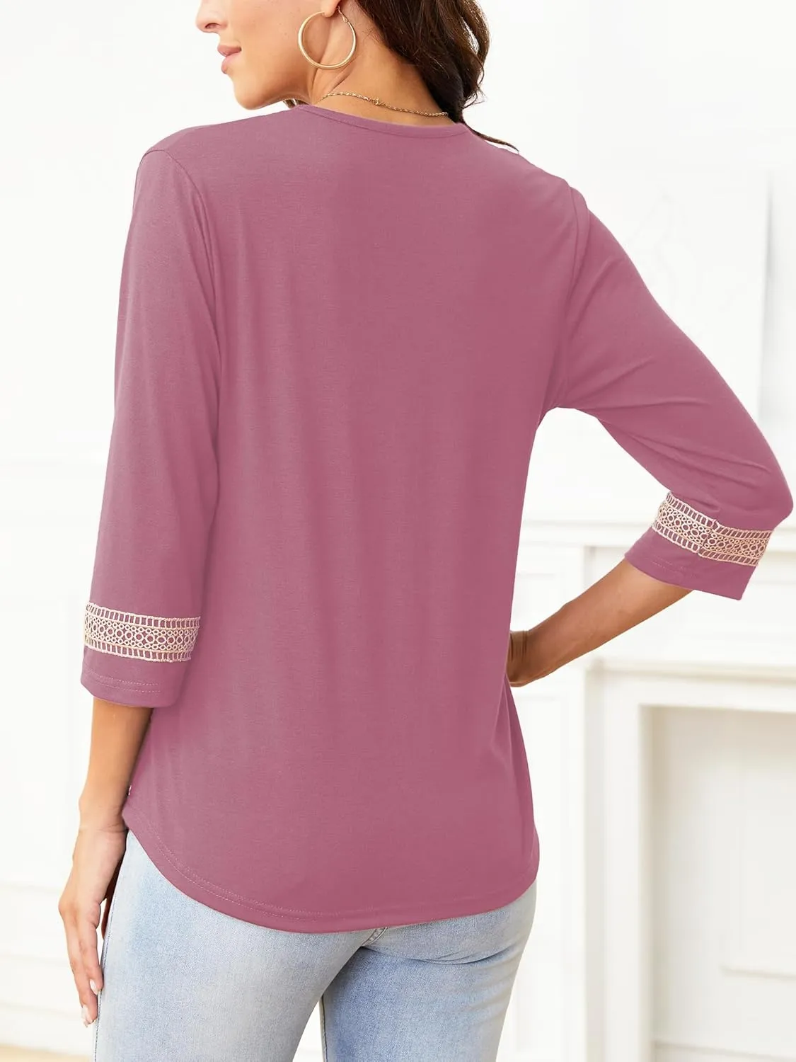 Womens Tops 3/4 Sleeve Shirts Casual Lace V Neck Blouses Loose Fit Dressy Basic T-Shirt