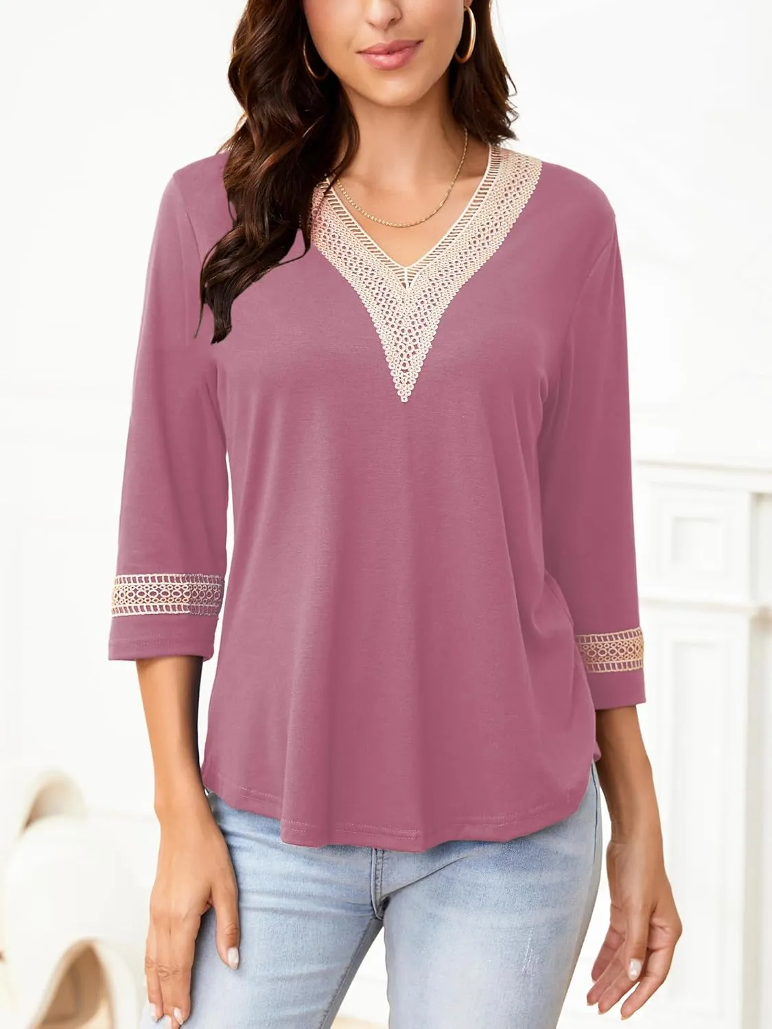 Womens Tops 3/4 Sleeve Shirts Casual Lace V Neck Blouses Loose Fit Dressy Basic T-Shirt
