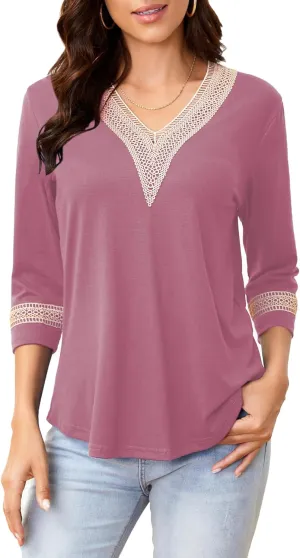 Womens Tops 3/4 Sleeve Shirts Casual Lace V Neck Blouses Loose Fit Dressy Basic T-Shirt