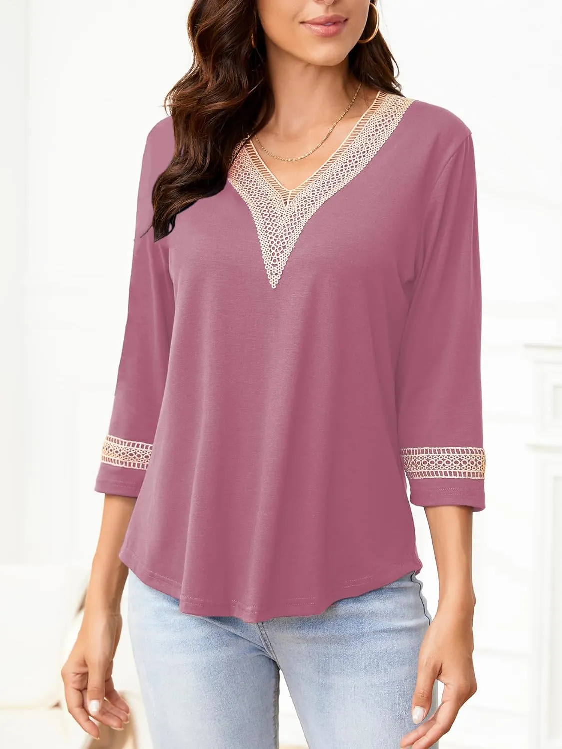 Womens Tops 3/4 Sleeve Shirts Casual Lace V Neck Blouses Loose Fit Dressy Basic T-Shirt