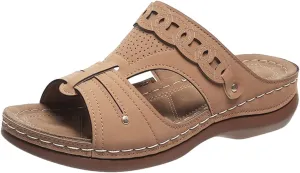 Womens Wedge Sandals Leather Dressy Sandal Rubber Sole Vintage Hollow Summer Slippers Casual Outdoor Round Toe Shoes Fashion Flat Woman Slingback Shoe