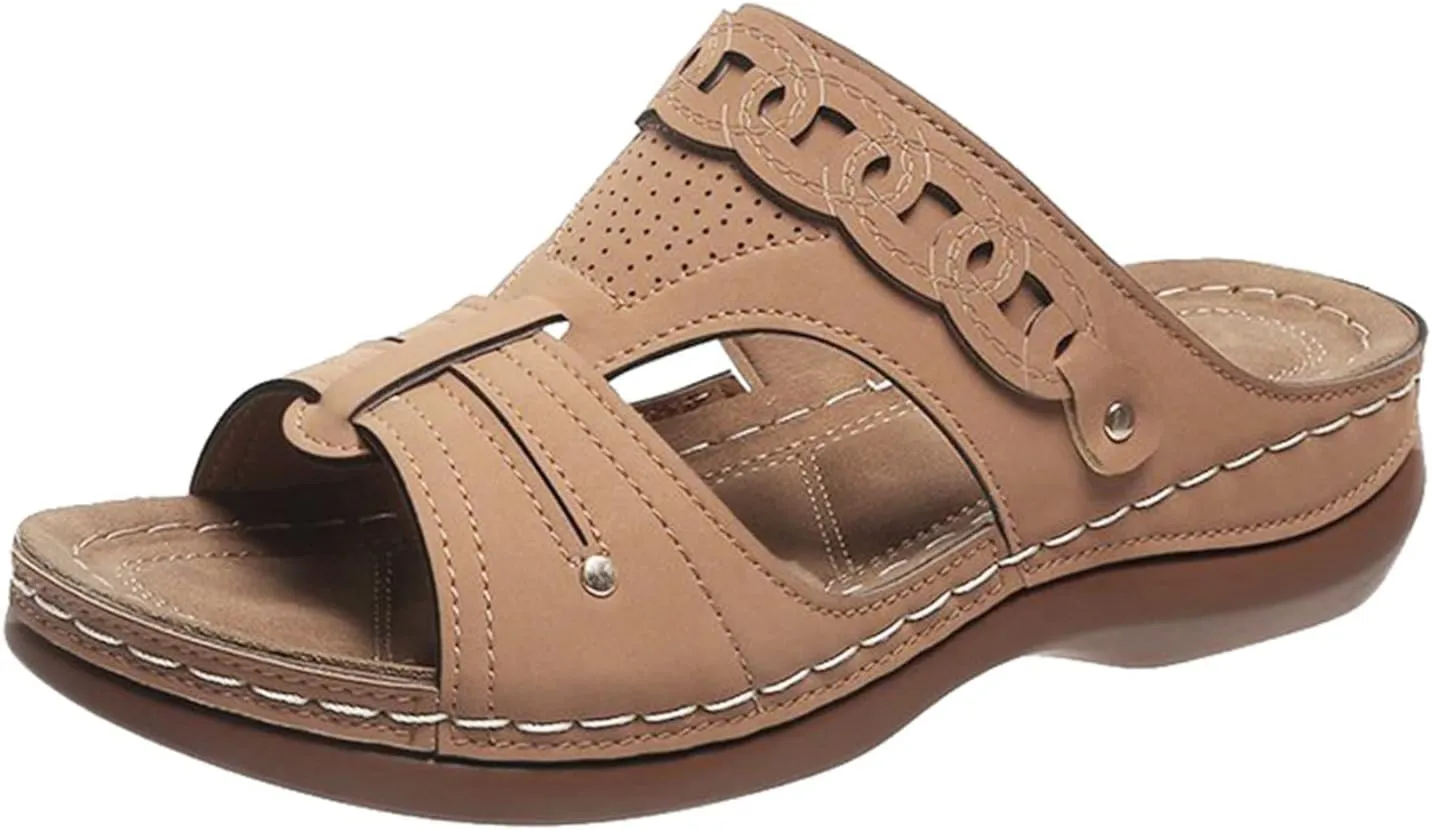 Womens Wedge Sandals Leather Dressy Sandal Rubber Sole Vintage Hollow Summer Slippers Casual Outdoor Round Toe Shoes Fashion Flat Woman Slingback Shoe