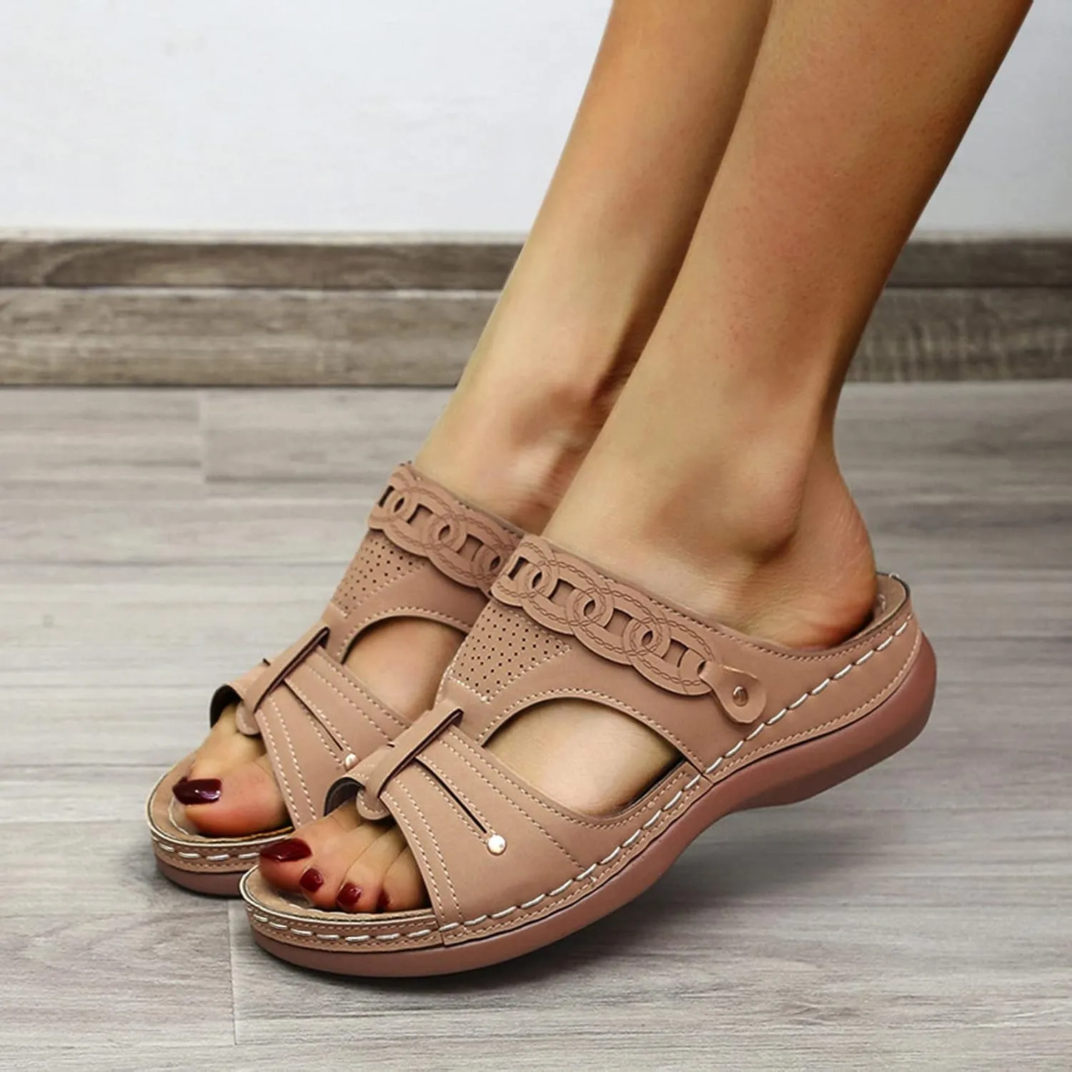 Womens Wedge Sandals Leather Dressy Sandal Rubber Sole Vintage Hollow Summer Slippers Casual Outdoor Round Toe Shoes Fashion Flat Woman Slingback Shoe
