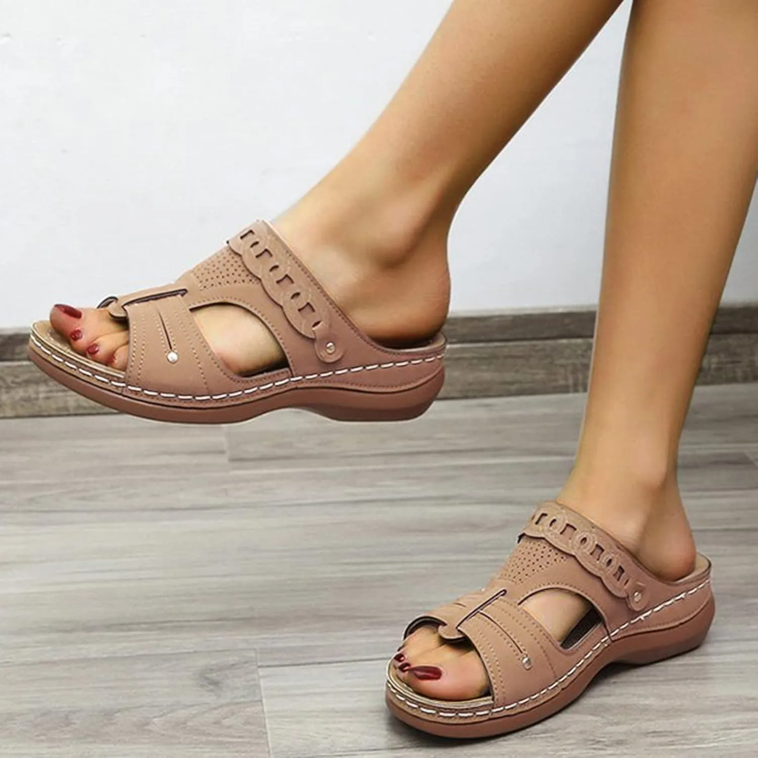 Womens Wedge Sandals Leather Dressy Sandal Rubber Sole Vintage Hollow Summer Slippers Casual Outdoor Round Toe Shoes Fashion Flat Woman Slingback Shoe