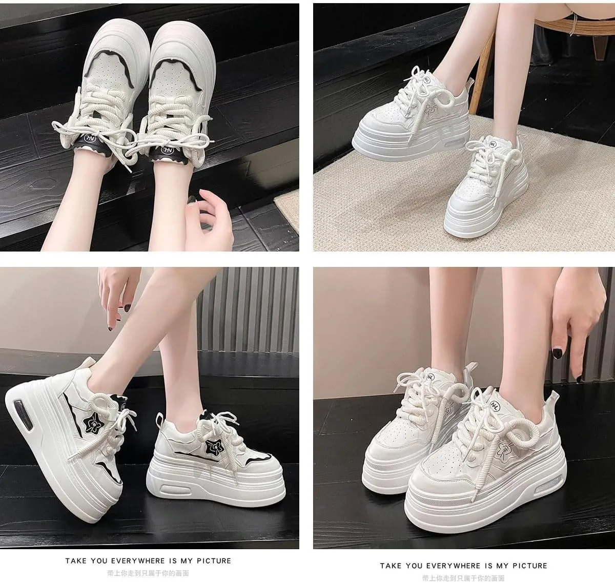 Women's White Chunky Platform Walking Sneakers 3.1 Inch Thick Sole Breathable Lace-Up Streetwear Shoes Fit Well