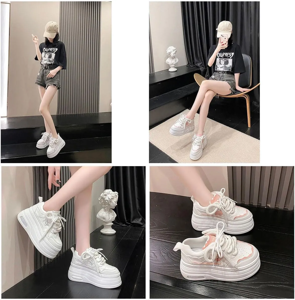 Women's White Chunky Platform Walking Sneakers 3.1 Inch Thick Sole Breathable Lace-Up Streetwear Shoes Fit Well