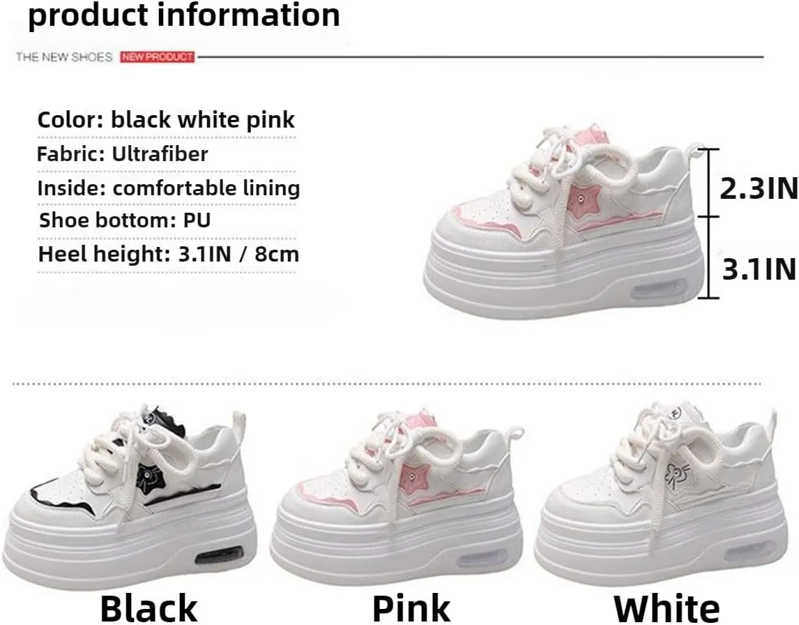 Women's White Chunky Platform Walking Sneakers 3.1 Inch Thick Sole Breathable Lace-Up Streetwear Shoes Fit Well