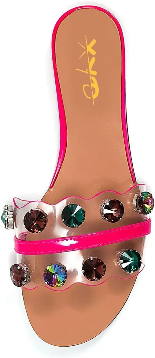 XYD Women Crystal Rhinestones Wedge Sandals Clear Strap Summer Open Toe Slippers Casual Fashion Low Heel Slides Shoes