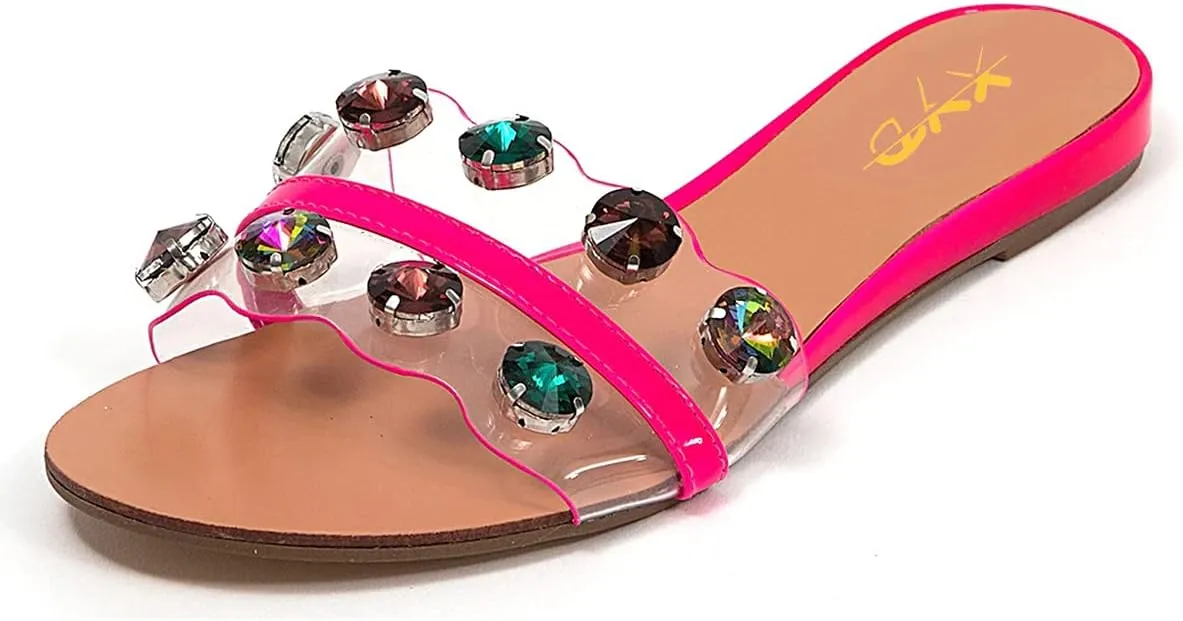 XYD Women Crystal Rhinestones Wedge Sandals Clear Strap Summer Open Toe Slippers Casual Fashion Low Heel Slides Shoes