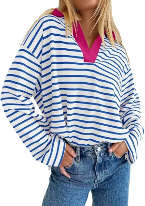 ZESICA Womens Striped Long Sleeve Tops Oversized Sweatshirt V Neck Loose Fit Tunic Tops Spring Casual Blouses