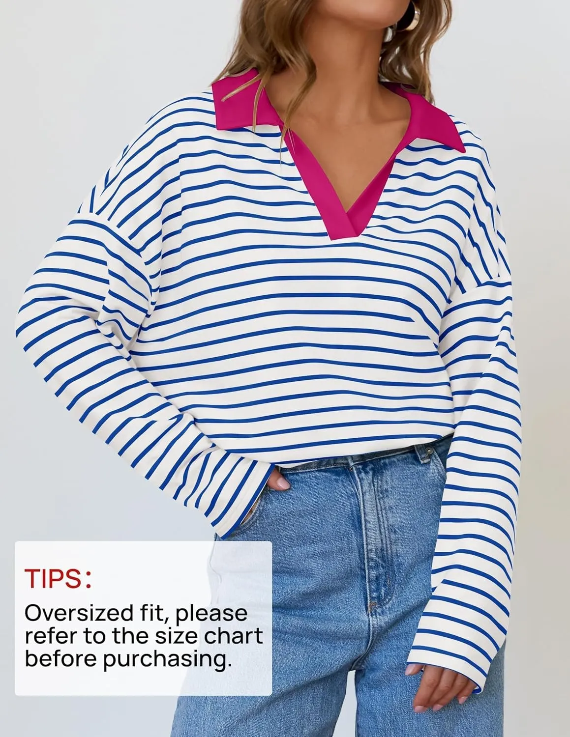 ZESICA Womens Striped Long Sleeve Tops Oversized Sweatshirt V Neck Loose Fit Tunic Tops Spring Casual Blouses