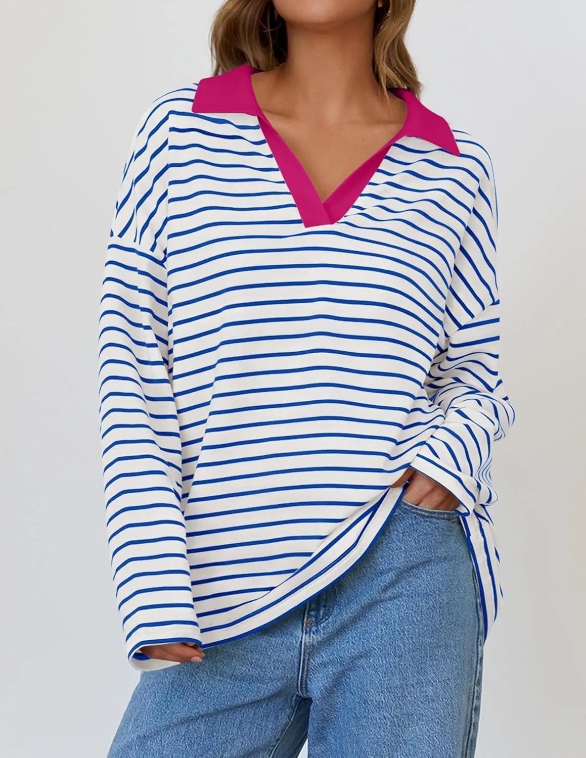 ZESICA Womens Striped Long Sleeve Tops Oversized Sweatshirt V Neck Loose Fit Tunic Tops Spring Casual Blouses