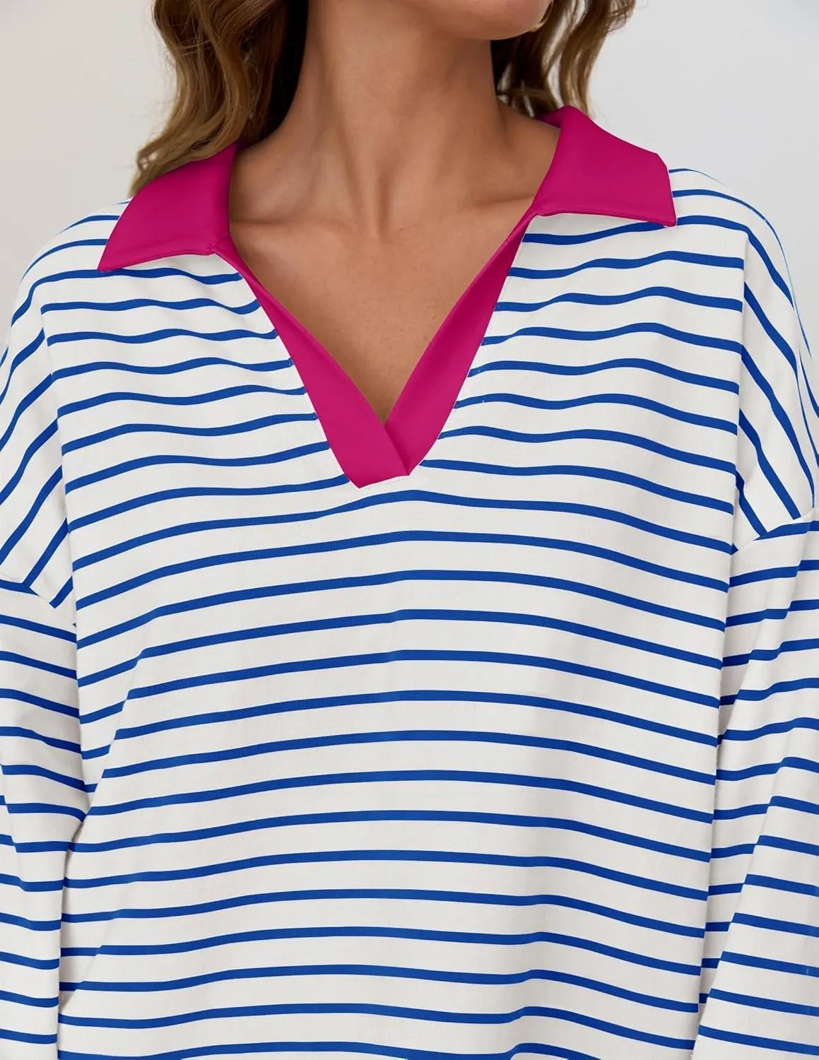 ZESICA Womens Striped Long Sleeve Tops Oversized Sweatshirt V Neck Loose Fit Tunic Tops Spring Casual Blouses