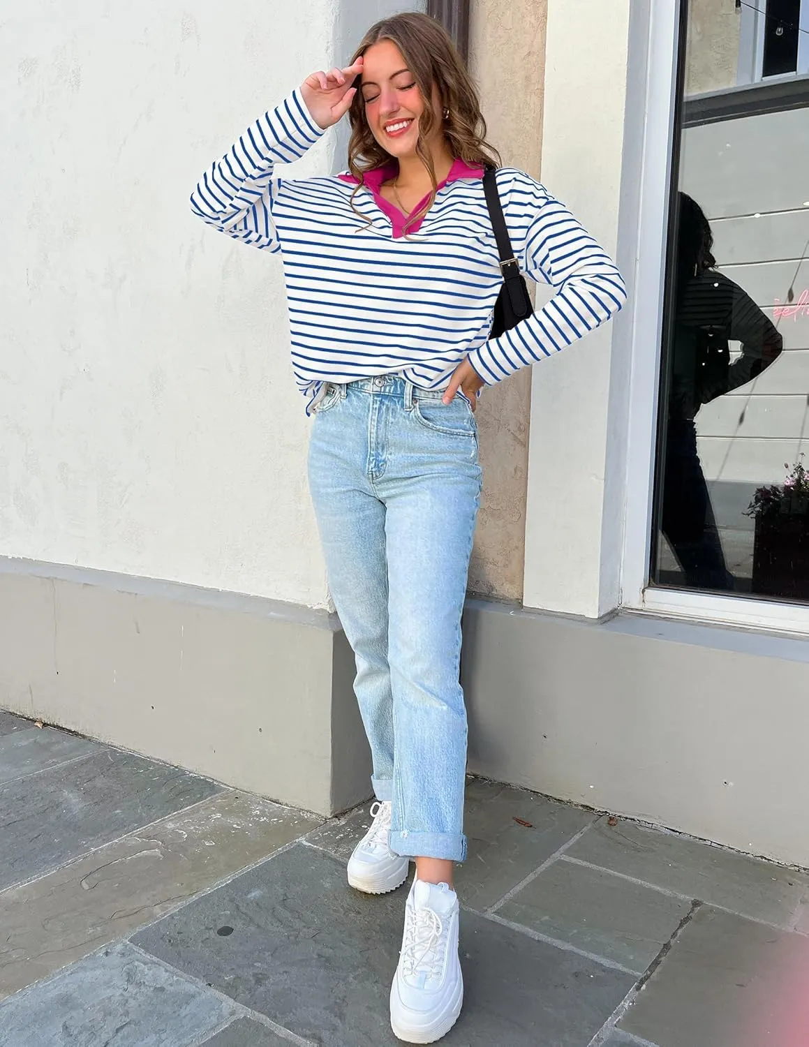 ZESICA Womens Striped Long Sleeve Tops Oversized Sweatshirt V Neck Loose Fit Tunic Tops Spring Casual Blouses