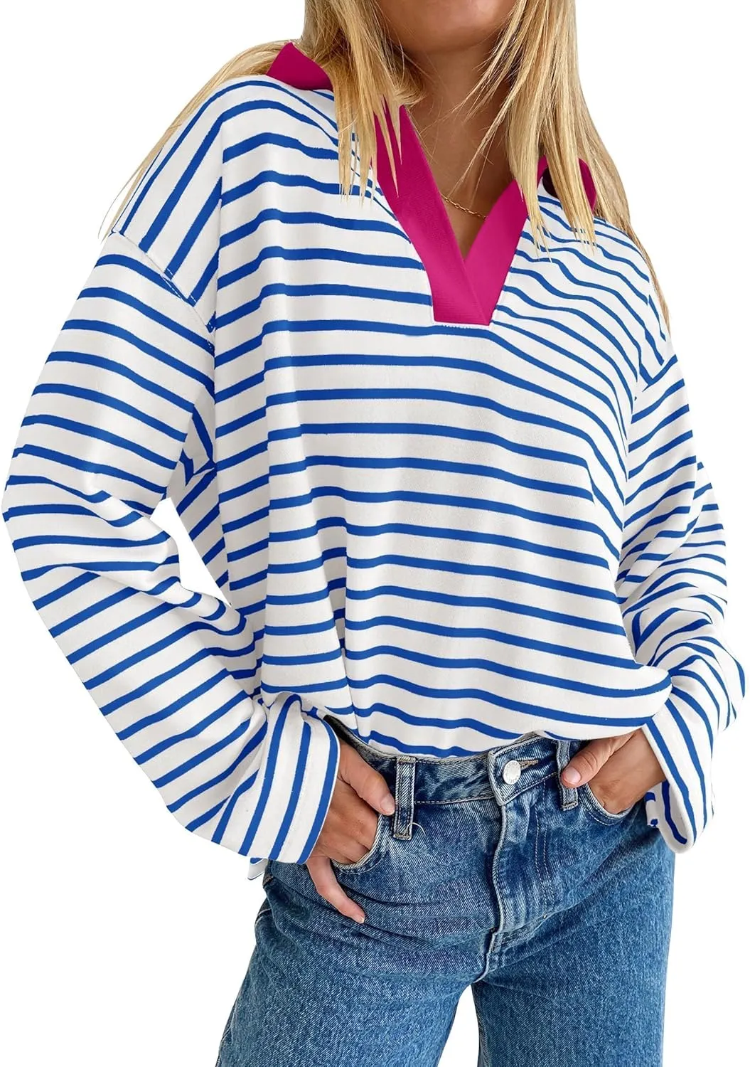 ZESICA Womens Striped Long Sleeve Tops Oversized Sweatshirt V Neck Loose Fit Tunic Tops Spring Casual Blouses