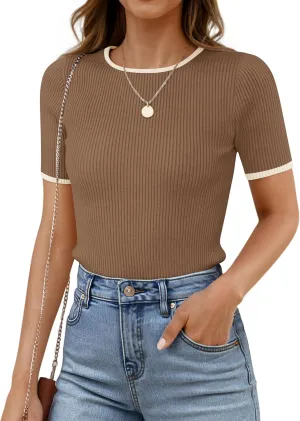 ZESICA Women's Summer Short Sleeve Ribbed Knit Slim Fit T Shirt 2025 Crewneck Basic Casual Color Block Tee Tops