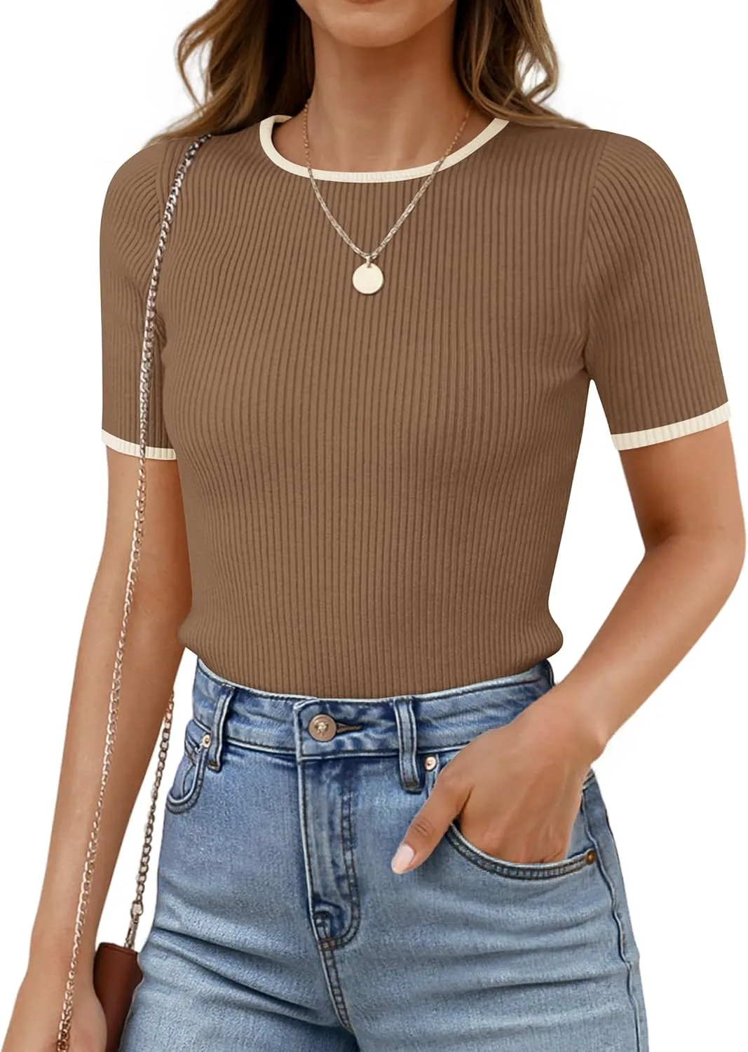 ZESICA Women's Summer Short Sleeve Ribbed Knit Slim Fit T Shirt 2025 Crewneck Basic Casual Color Block Tee Tops