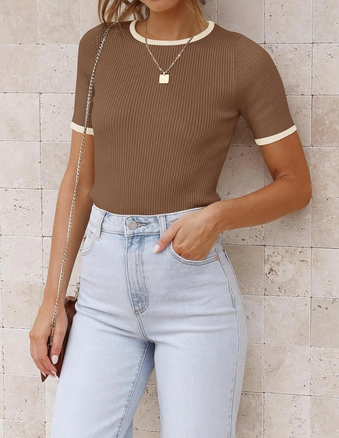 ZESICA Women's Summer Short Sleeve Ribbed Knit Slim Fit T Shirt 2025 Crewneck Basic Casual Color Block Tee Tops