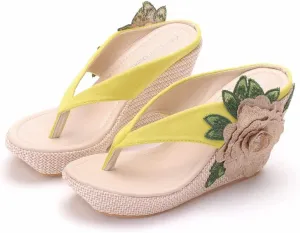 ZOOGEM Women's Embroidery Slides Wedge Sandals Hawaii Beach People Wedge Sandal Open Toe Bohemia Sandals Summer Slippers (Yellow,8.5)