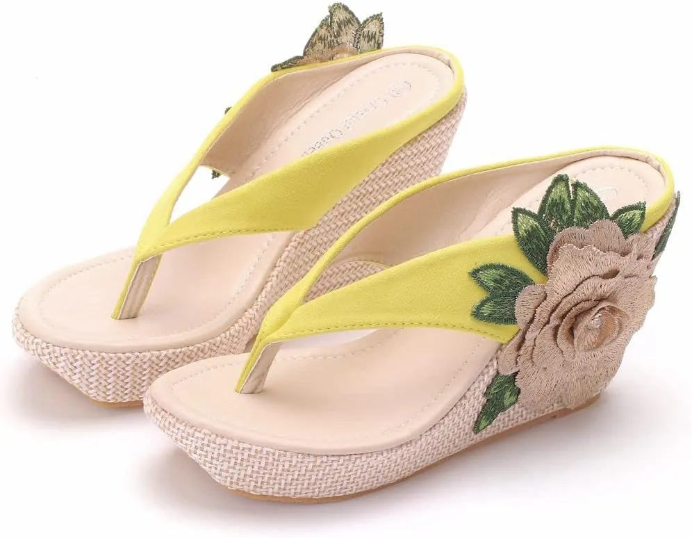ZOOGEM Women's Embroidery Slides Wedge Sandals Hawaii Beach People Wedge Sandal Open Toe Bohemia Sandals Summer Slippers (Yellow,8.5)
