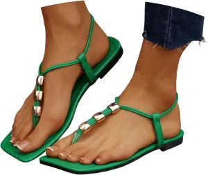 ZSpzx 2025 Women's Flat Sandal,Square Toe Clip Toes Elastic T-Strap Sandal Ladies Summer Slip On Slides Strappy Sandals Comfortable Beach Non-Slip Casual Slippers Stylish Shoes for Daily Wear