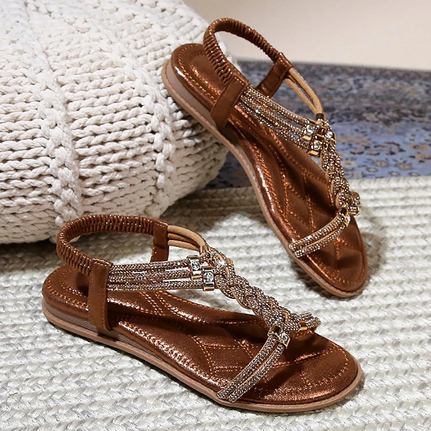 ZSpzx Women's Wedding Sandals Crystal with Rhinestone Women Open Toe Beaded Bohemian Sparkly Sandals Dress Dressy Summer Flip Flops Shoes for Street Work Travel Wedding